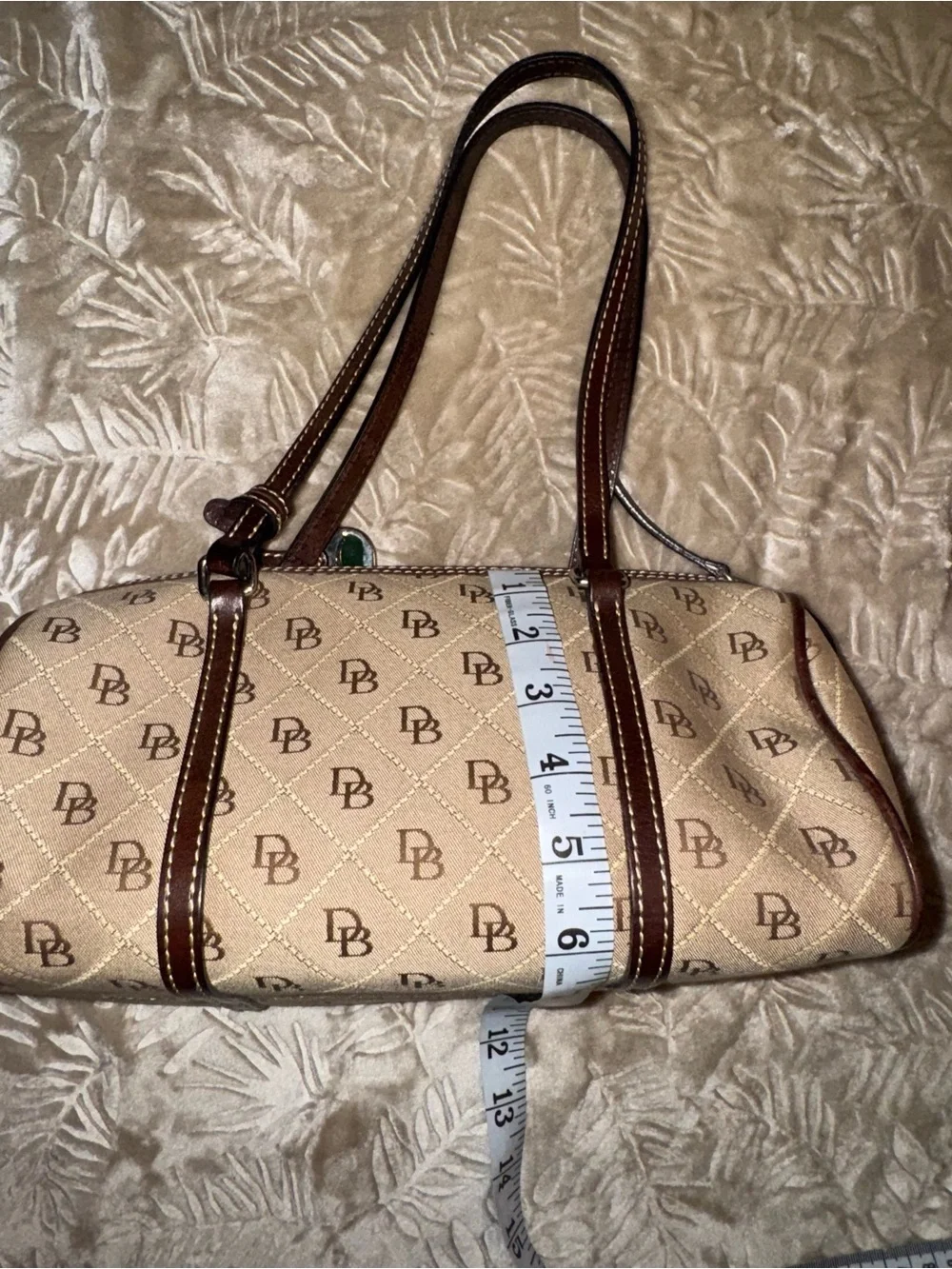 Dooney & Bourke Beige Logo Quilted Barrel Shoulder Bag with Brown Trim